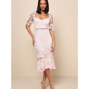 NWT Lulus Briarwood Blush Pink Lace Ruffled Midi Dress Large Cocktail Wedding